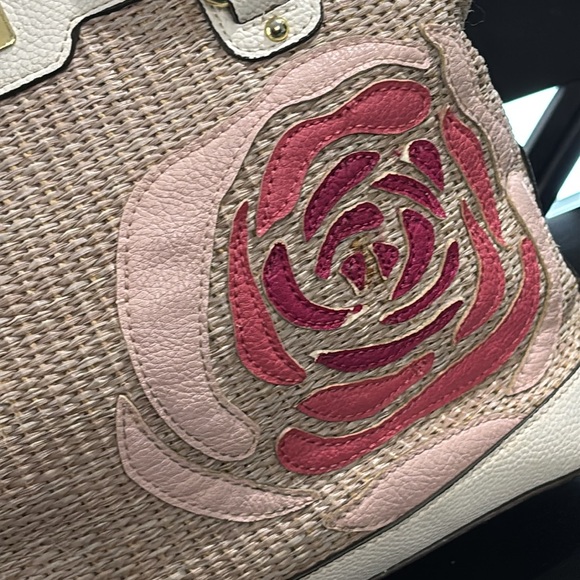 Liz Claiborne Woven Straw & Leather Floral Tote Bag Tan Pink - Picture 10 of 14